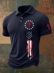 Men's Faith Cross American Flag Printed Casual Polo Shirt - gracestitchs