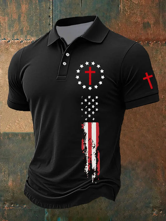 Men's Faith Cross American Flag Printed Casual Polo Shirt - gracestitchs