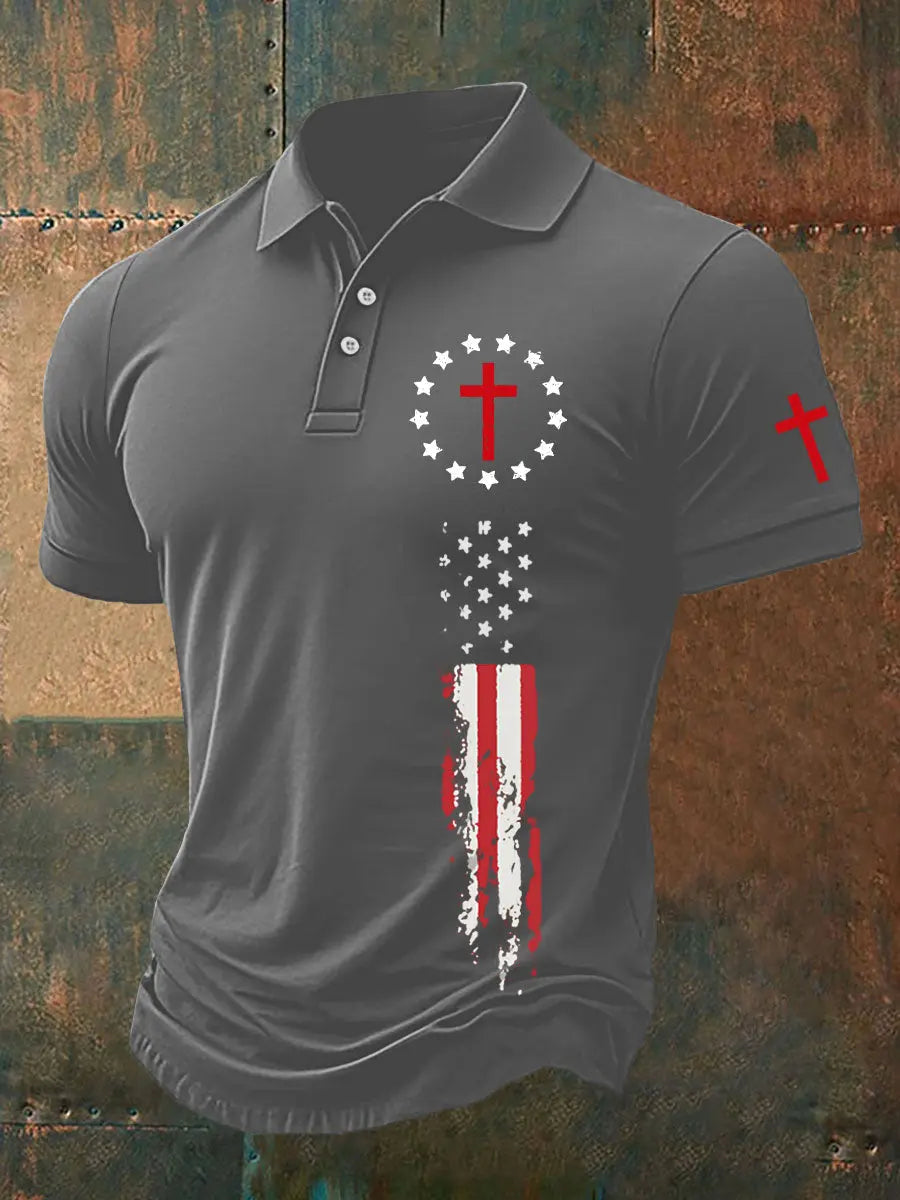 Men's Faith Cross American Flag Printed Casual Polo Shirt - gracestitchs