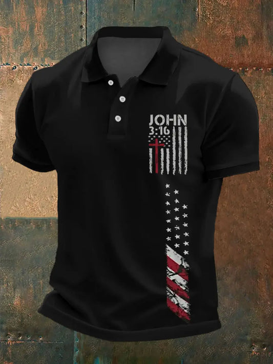Men's Cross Faith American Flag Print Casual Polo - gracestitchs