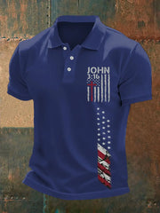 Men's Cross Faith American Flag Print Casual Polo - gracestitchs