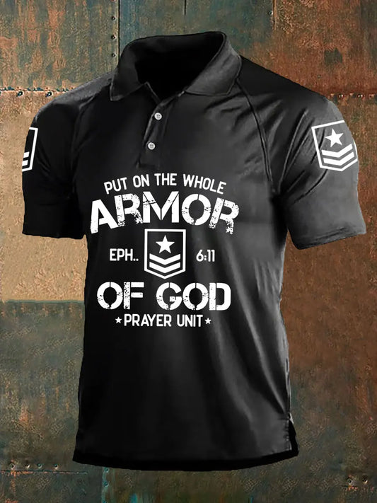 Men's Put On The Whole Armor Of God Print Three Buttons Shoulder Sleeve Polo - gracestitchs