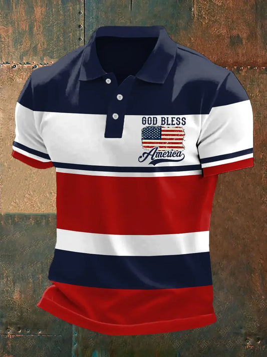 Men's God Bless America Stripes Print Polo - gracestitchs