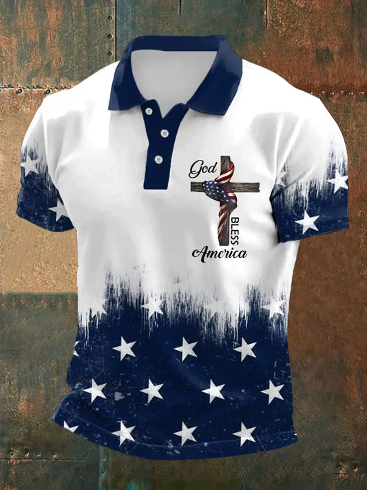 Men's God Bless America American Flag Print Casual Polo - gracestitchs