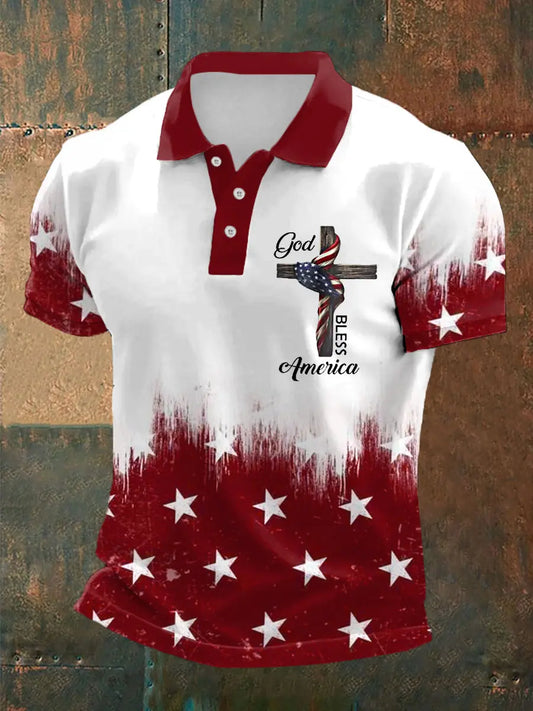 Men's God Bless America American Flag Print Casual Polo - gracestitchs