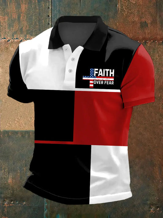 Men's Faith Over Fear Cross American Flag Colorblock Print Casual Polo - gracestitchs