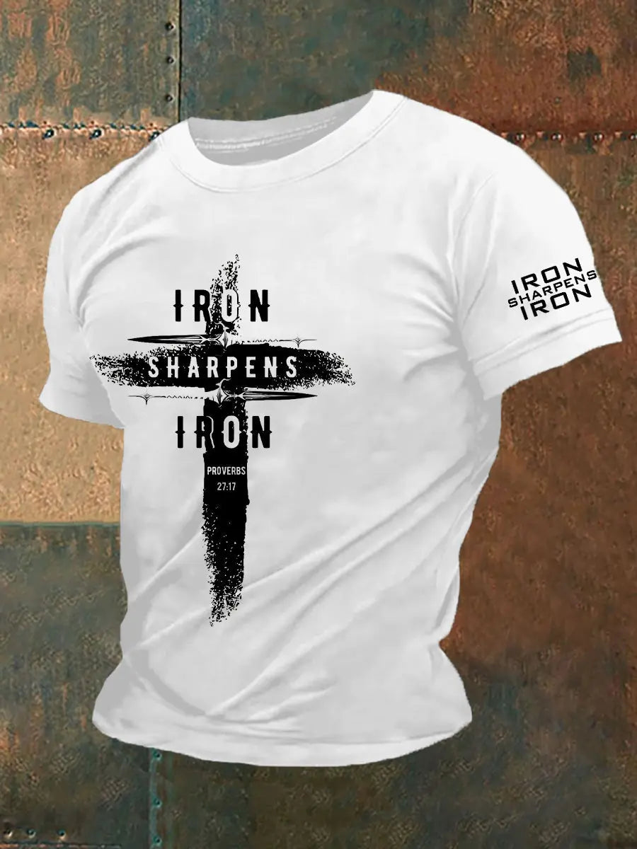 Men's Iron Sharpens Iro Faith Cross Printed Casual Short Sleeves T-shirt prairieply