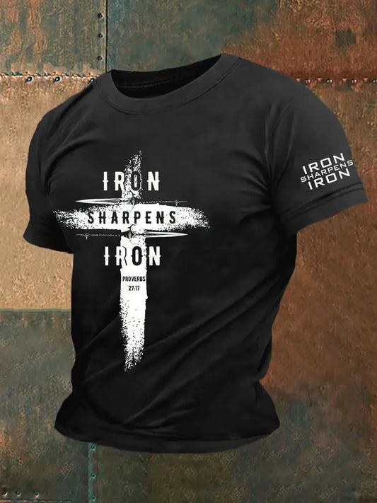Men's Iron Sharpens Iro Faith Cross Printed Casual Short Sleeves T-shirt prairieply