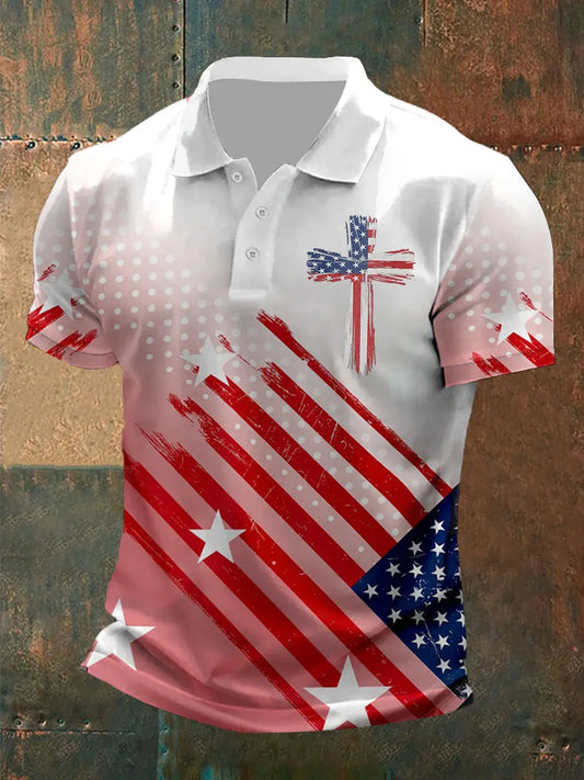 Men's Cross Faith American Flag Print Polo Shirt - gracestitchs