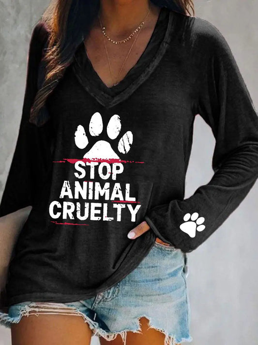 Women's Stop Animal Cruelty Print V-Neck T-Shirt