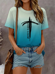 Women's Jesus Saves Christian Cross Gradient Print Casual Tee