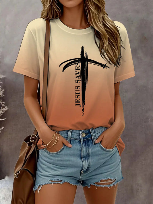 Women's Jesus Saves Christian Cross Gradient Print Casual Tee
