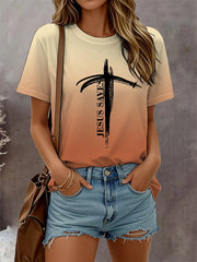 Women's Jesus Saves Christian Cross Gradient Print Casual Tee