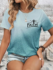 Women's Faith Cross Jesus Gradient Print Casual Tee