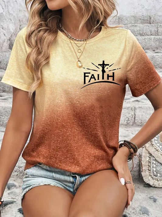 Women's Faith Cross Jesus Gradient Print Casual Tee