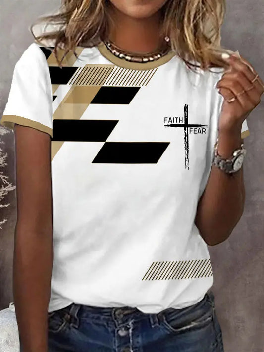 Women's Faith Over Fear Cross Faith Geometric Print Casual Tee
