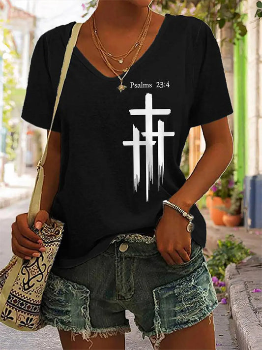 Women's Psalms 23:4 Cross Faith Casual V-Neck Tee