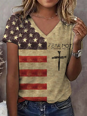 Women's Fear Not Isaiah 41:10 Faith Cross American Flag Print Casual V-Neck Tee