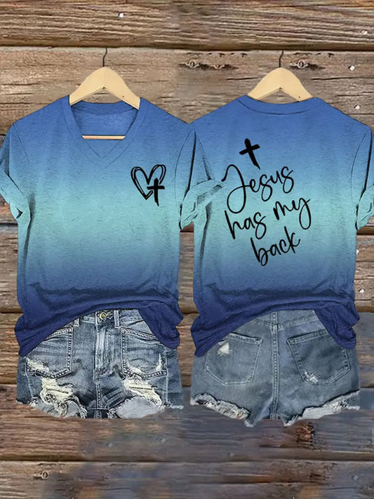 Women's Jesus Has My Back Print V-Neck T-Shirt