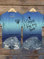 Women's Jesus Has My Back Print V-Neck T-Shirt