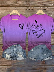 Women's Jesus Has My Back Print V-Neck T-Shirt