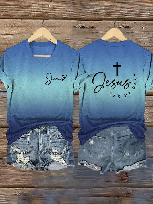 Women's Jesus Has My Back Print V-Neck T-Shirt