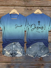 Women's Jesus Has My Back Print V-Neck T-Shirt