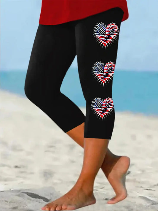 Women's Independence Day American Flag Heart Fireworks Casual Cropped Leggings