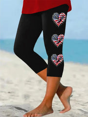 Women's Independence Day American Flag Heart Fireworks Casual Cropped Leggings