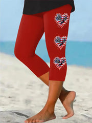 Women's Independence Day American Flag Heart Fireworks Casual Cropped Leggings