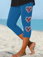 Women's Independence Day American Flag Heart Fireworks Casual Cropped Leggings