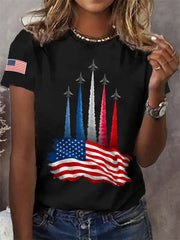 Women's Independence Day American Flag Jet Planes Print Casual Tee