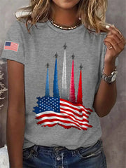 Women's Independence Day American Flag Jet Planes Print Casual Tee