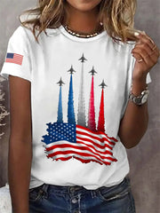 Women's Independence Day American Flag Jet Planes Print Casual Tee