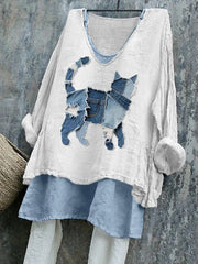 Women's Cute Cat Patchwork Art Linen Shirt