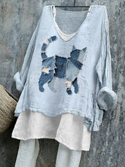 Women's Cute Cat Patchwork Art Linen Shirt
