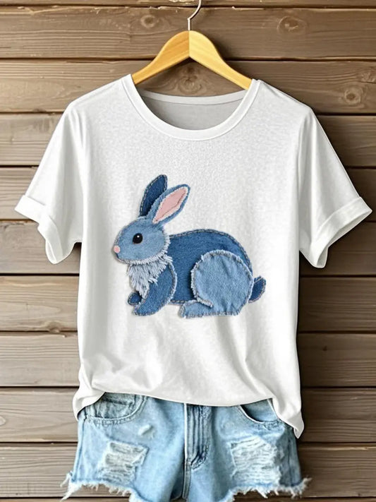 Women's Cute Bunny Pattern Patchwork Art T-Shirt