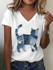 Women's Cute Cat Pattern Patchwork Art V-Neck T-Shirt