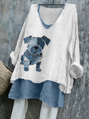 Women's Cute Dog Pattern Patchwork Art Linen Shirt