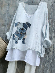 Women's Cute Dog Pattern Patchwork Art Linen Shirt