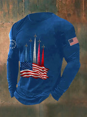Men's Independence Day American Flag Jet Planes Print Casual Long-Sleeve T-Shirt