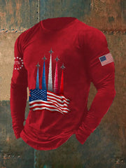 Men's Independence Day American Flag Jet Planes Print Casual Long-Sleeve T-Shirt
