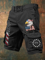 Men's Independence Day USA Flag Bald Eagle Print Casual Cargo Shorts
