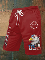 Men's Independence Day USA Flag Bald Eagle Print Casual Shorts