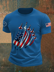 Men's Independence Day USA Flag Fighter Jets Print Casual Tee