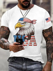 Men's American Flag Bald Eagle Print Casual Tee