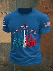 Men's Independence Day Patriotic Red White Blue USA Flag Fighter Jets Print Casual Tee