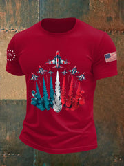 Men's Independence Day Patriotic Red White Blue USA Flag Fighter Jets Print Casual Tee