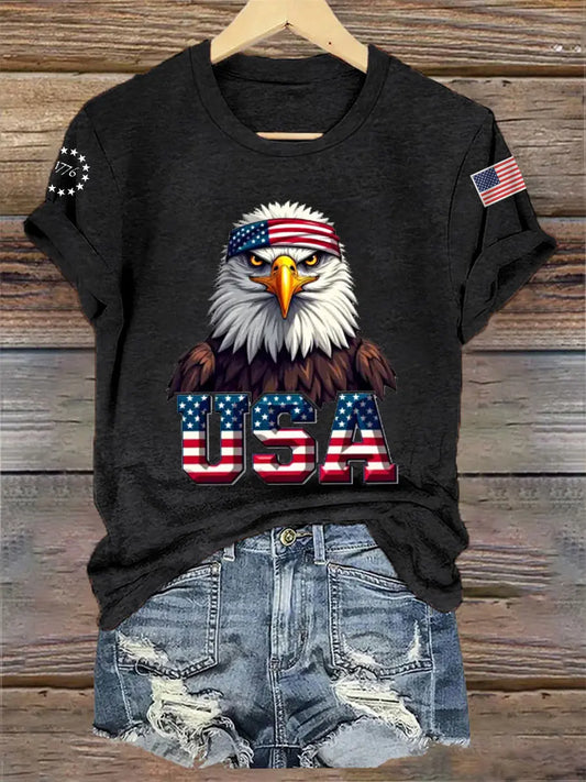 Women's Independence Day USA Flag Bald Eagle Print Casual Tee