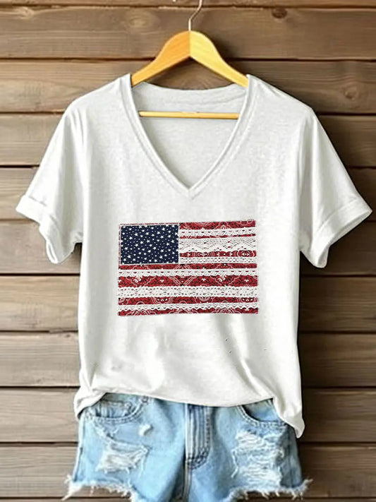 Women's American Flag Lace Art Print Casual T-Shirt